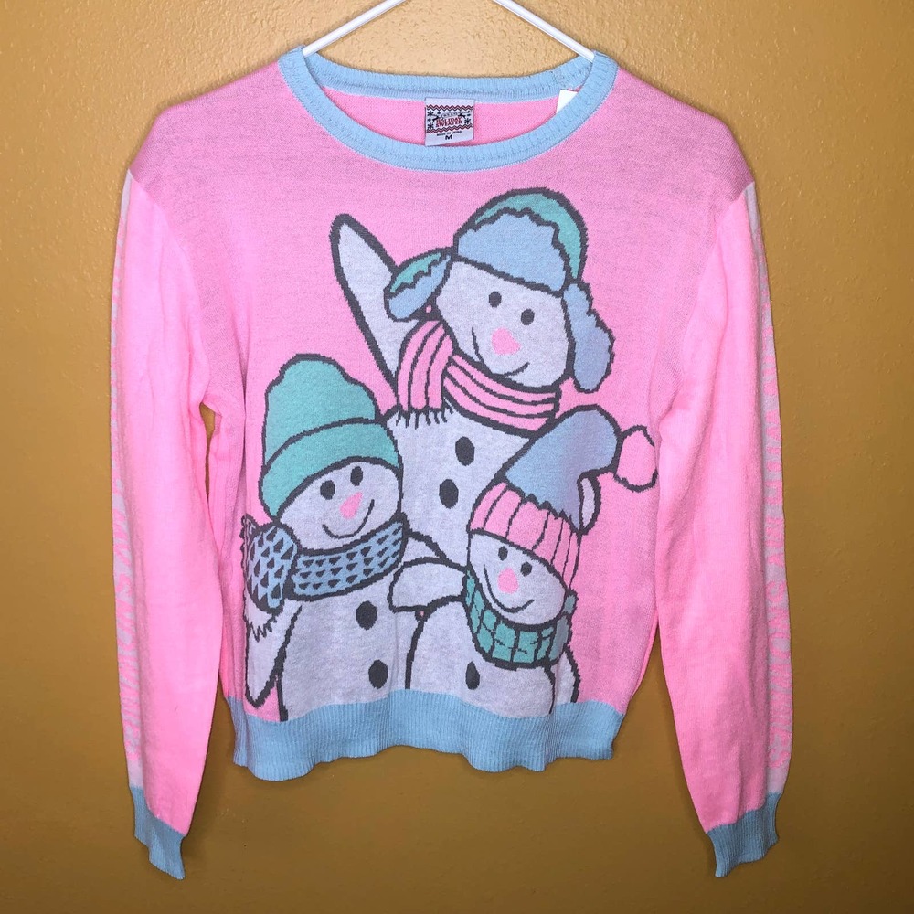 Well Worn Sweater Pink Snowman Winter Snow Warm M